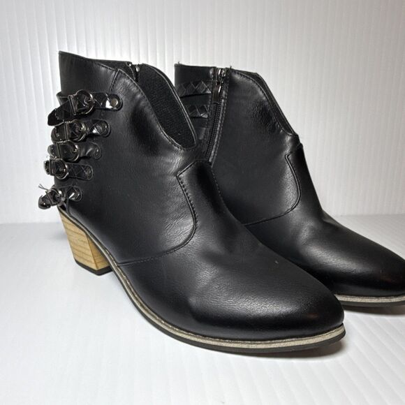 Unbranded Shoes - Black Faux Leather Ankle Bootie Almond Toe Side Zip Buckle Strap Women's 8.5
